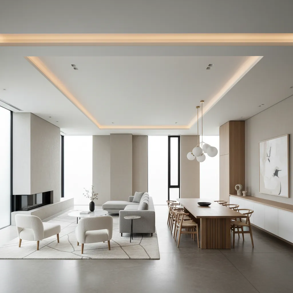 Techo a dos niveles en salón moderno abierto