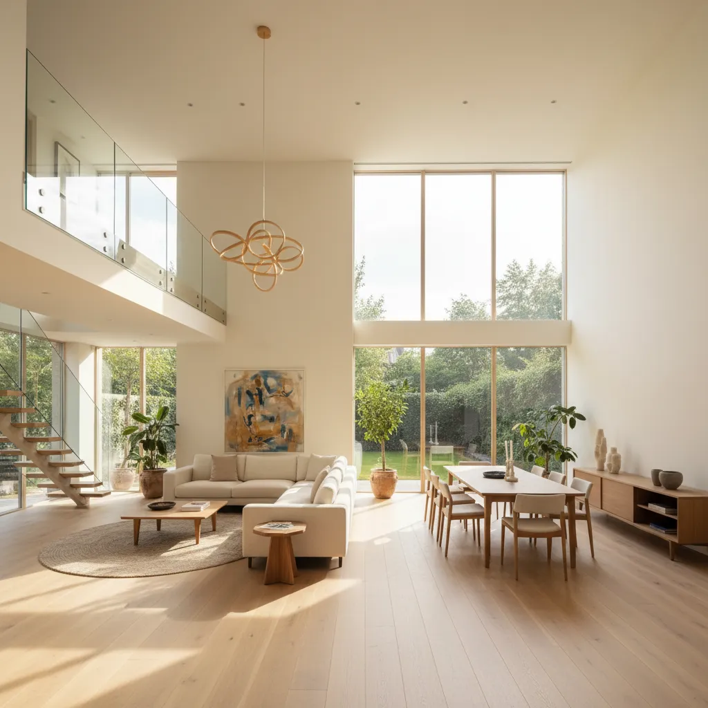Interior abierto de una casa de dos niveles con sala y doble altura