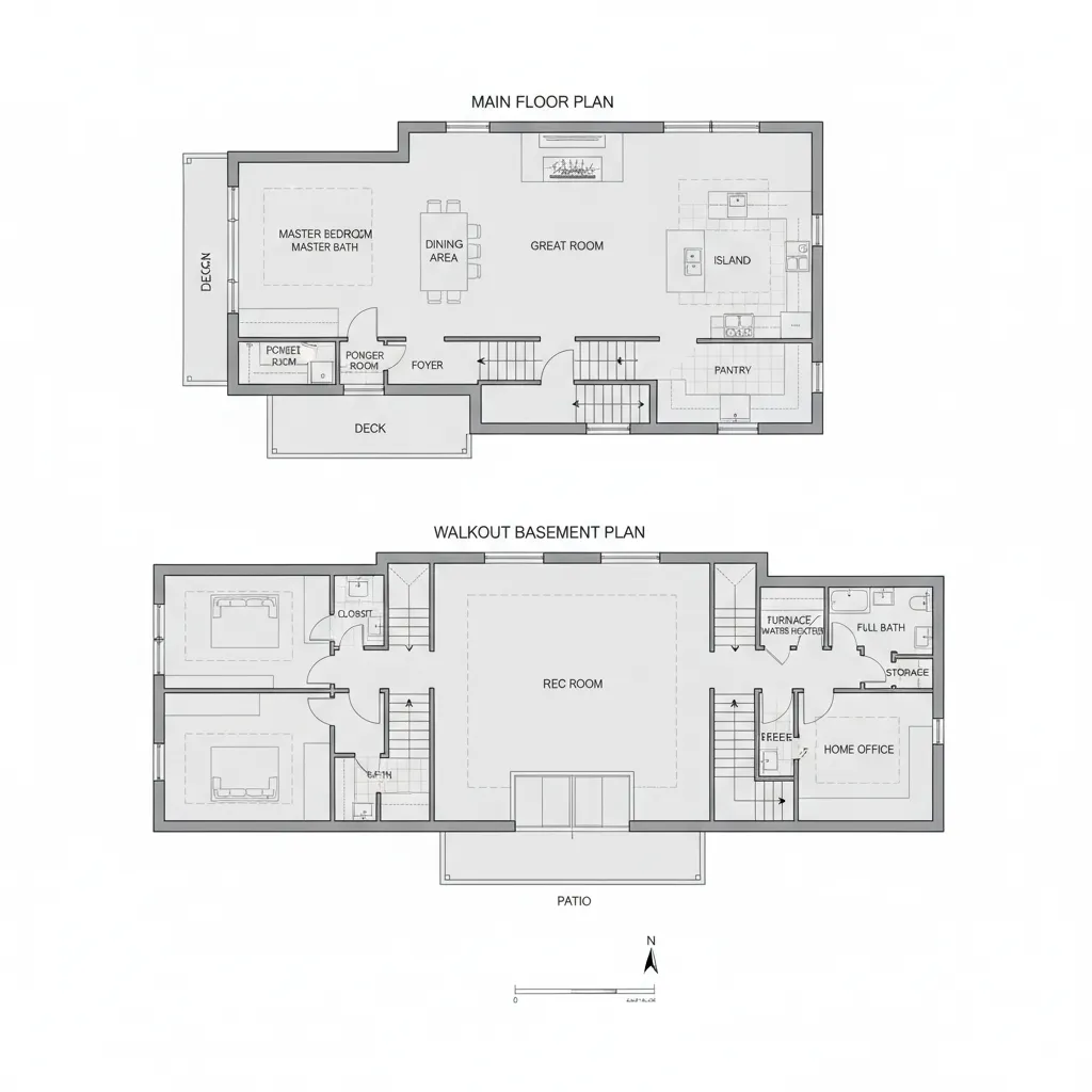 Two level house floor plan showing main floor and walkout basement layout