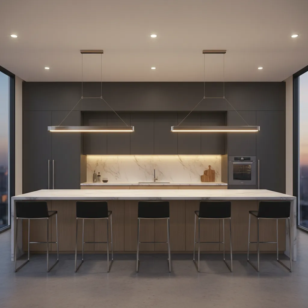 Large kitchen island with two linear pendant lights evenly spaced