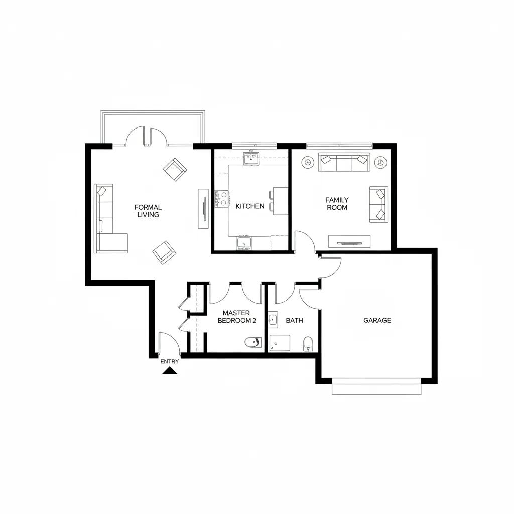 Architectural floor plan showing front formal living room and rear family living room layout