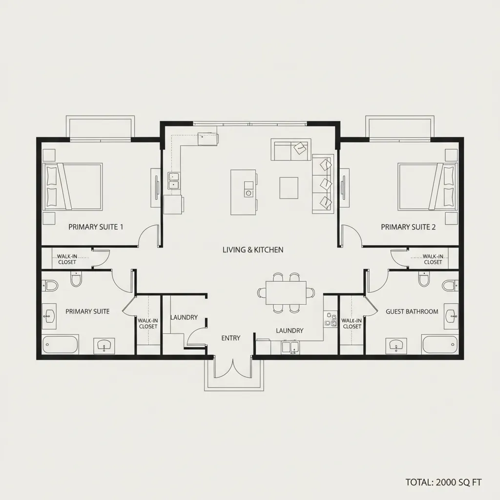 floor plan layout showing two primary bedroom suites in a 2000 sq ft house