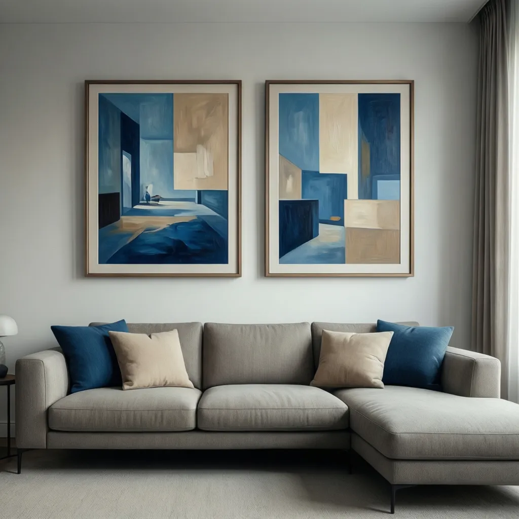 Two framed paintings with shared color palette displayed above a sofa