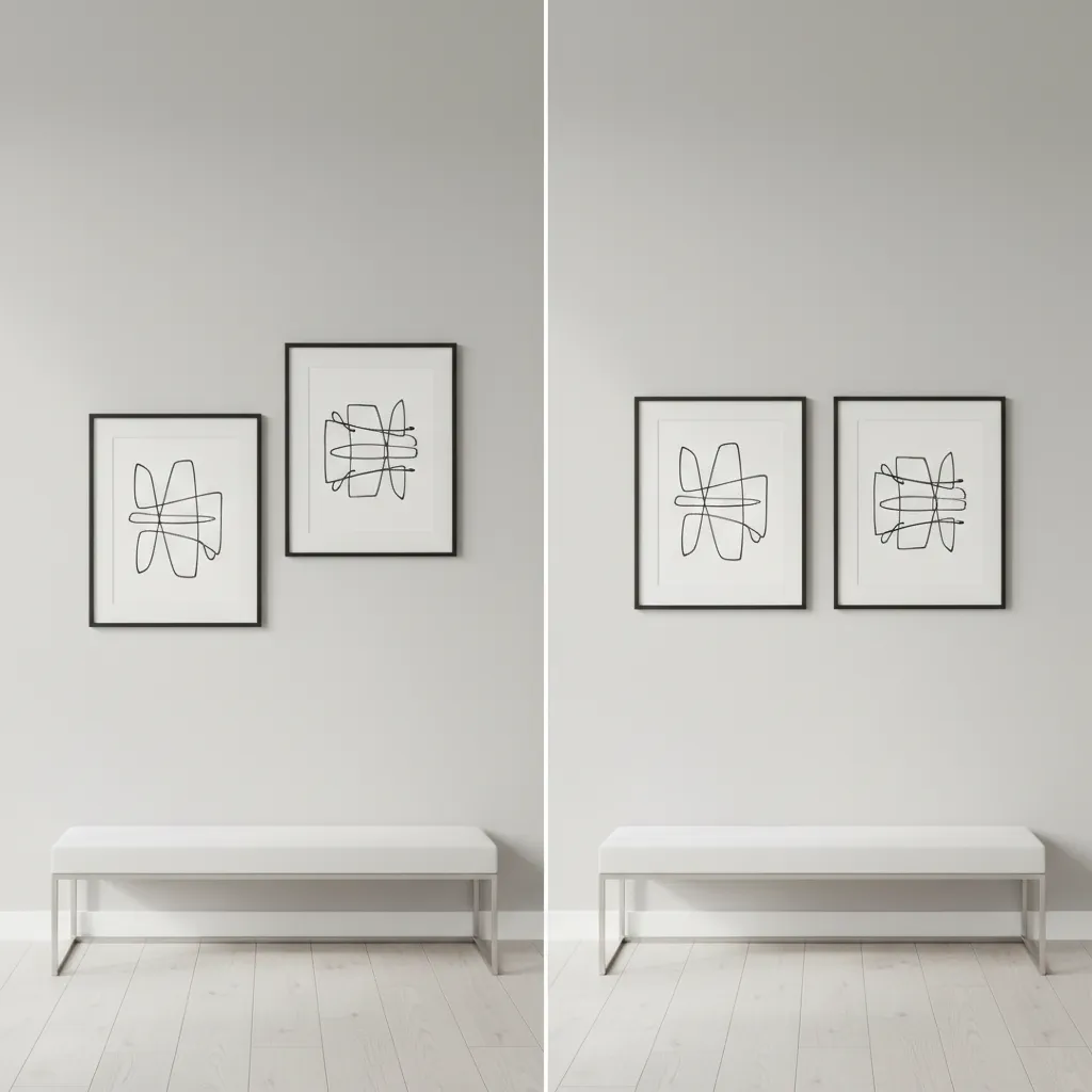 Comparison showing uneven versus balanced spacing between two wall paintings
