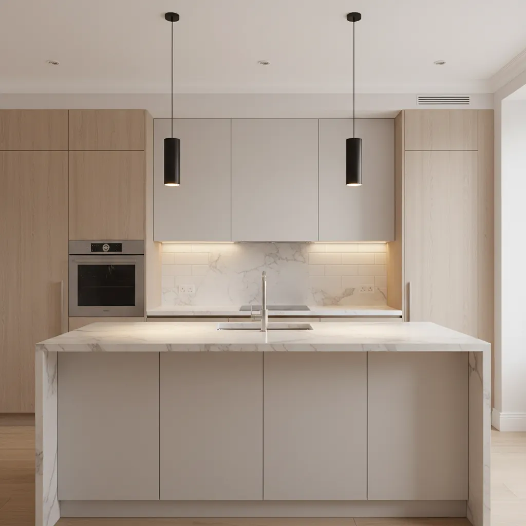 two pendant lights evenly spaced over a narrow kitchen island