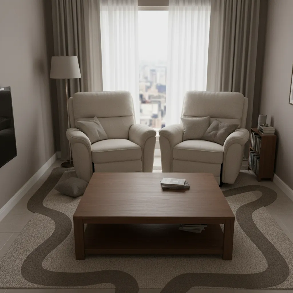 Living room showing two bulky recliners making the space feel crowded
