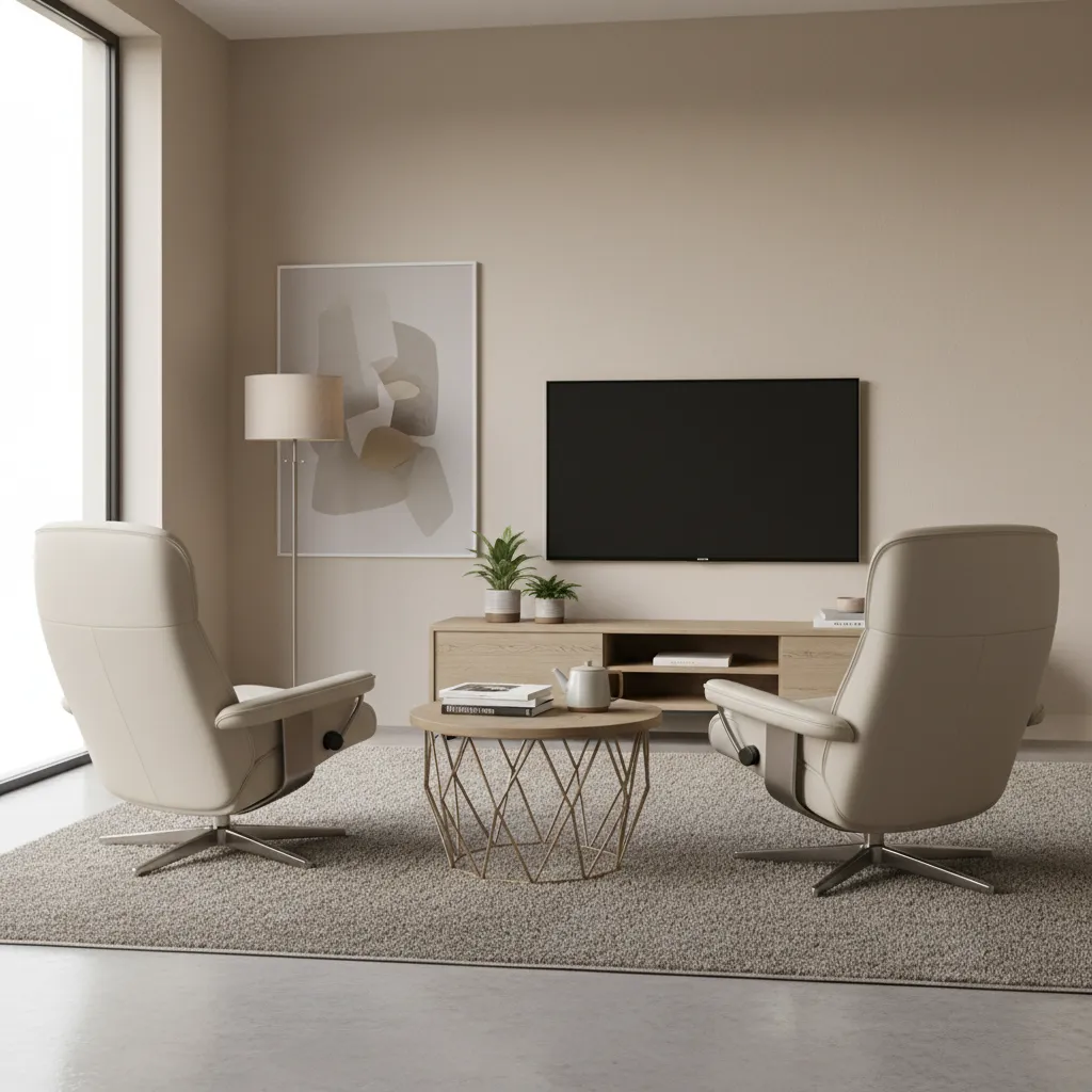 Living room layout with two recliner chairs facing a TV and coffee table