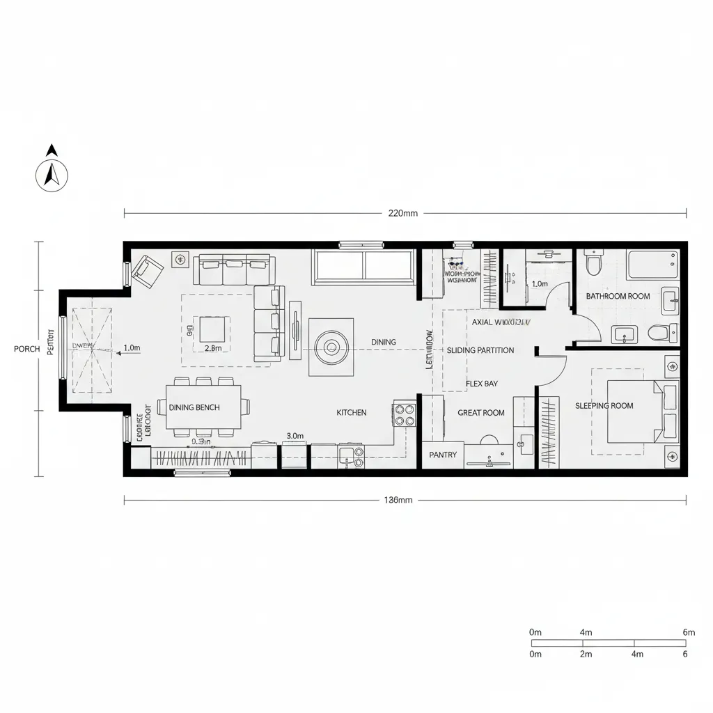 Two-room longhouse with flex bay