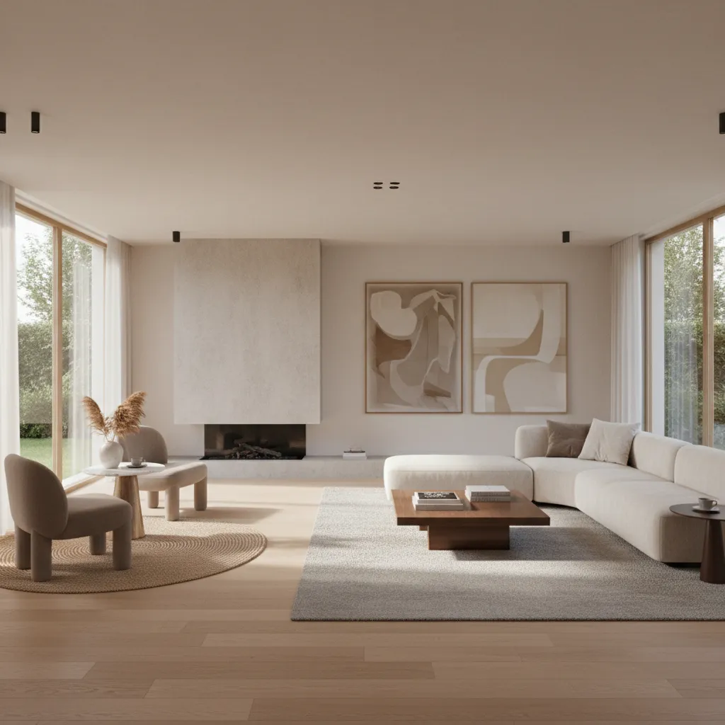 Large living room divided into two seating areas with sofa and lounge chairs