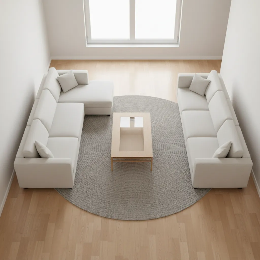 layout visualization showing spacing between two sofas in a small living room