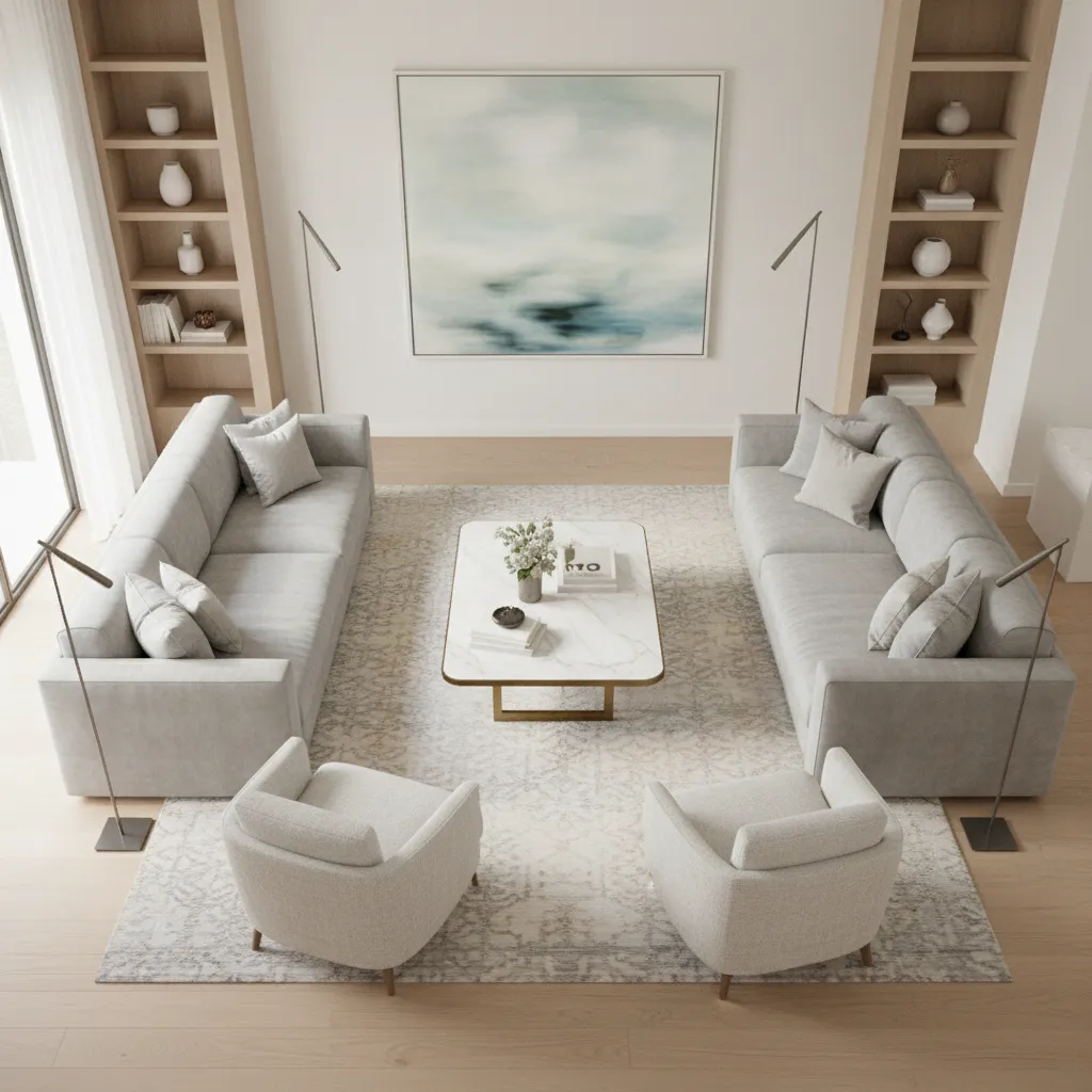 Living room layout showing two sofas arranged facing each other