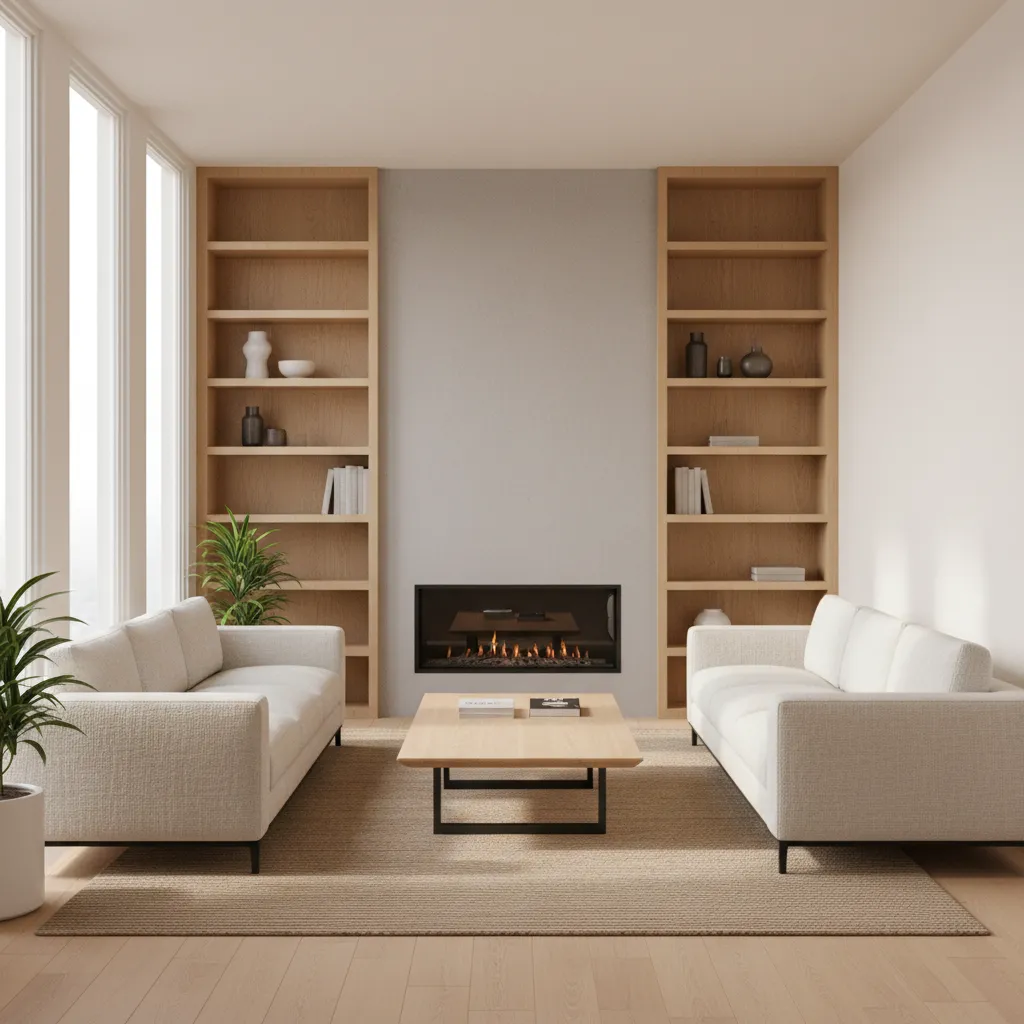 Two sofas facing each other with fireplace centered in a narrow living room