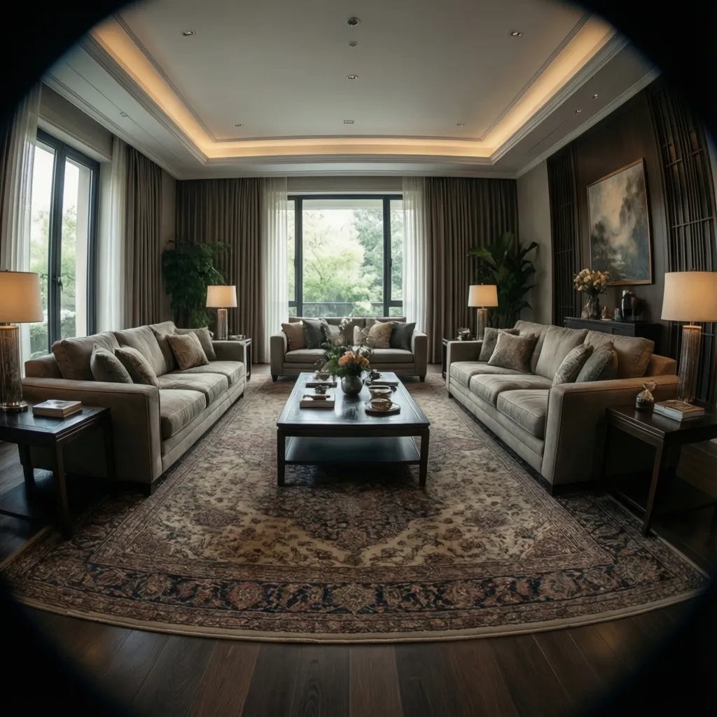 Square living room with two facing sofas and coffee table conversation layout