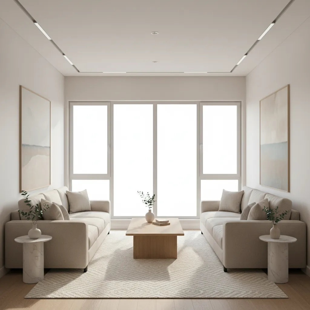 Small rectangular living room with two sofas facing each other