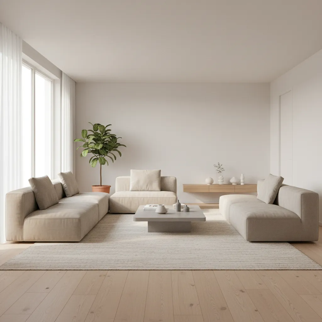 Small living room showing L shaped arrangement using two sofas