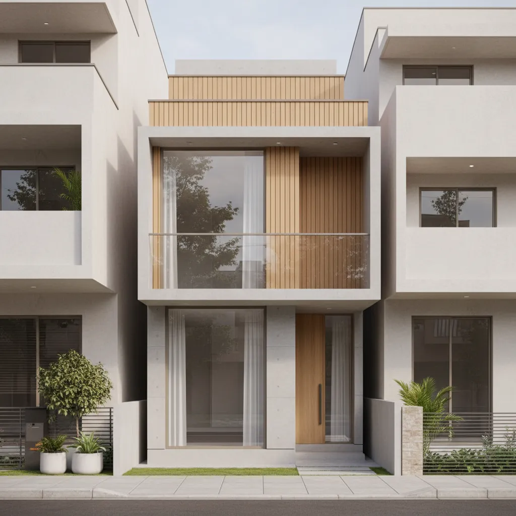 Modern two-story house design featuring beige concrete walls wooden panels large glass windows and balcony