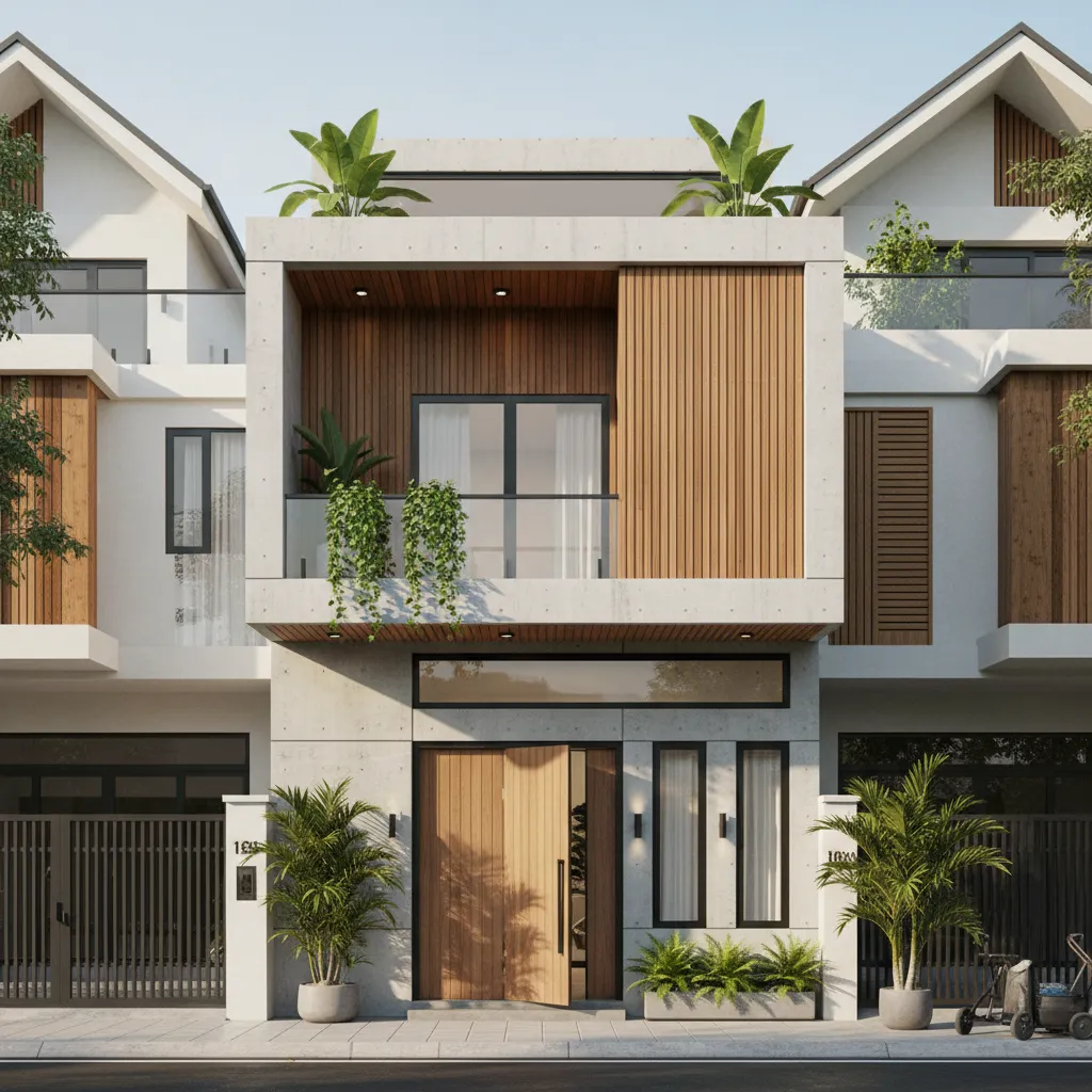 Modern two story house exterior with concrete walls wooden panels balcony plants and palm trees