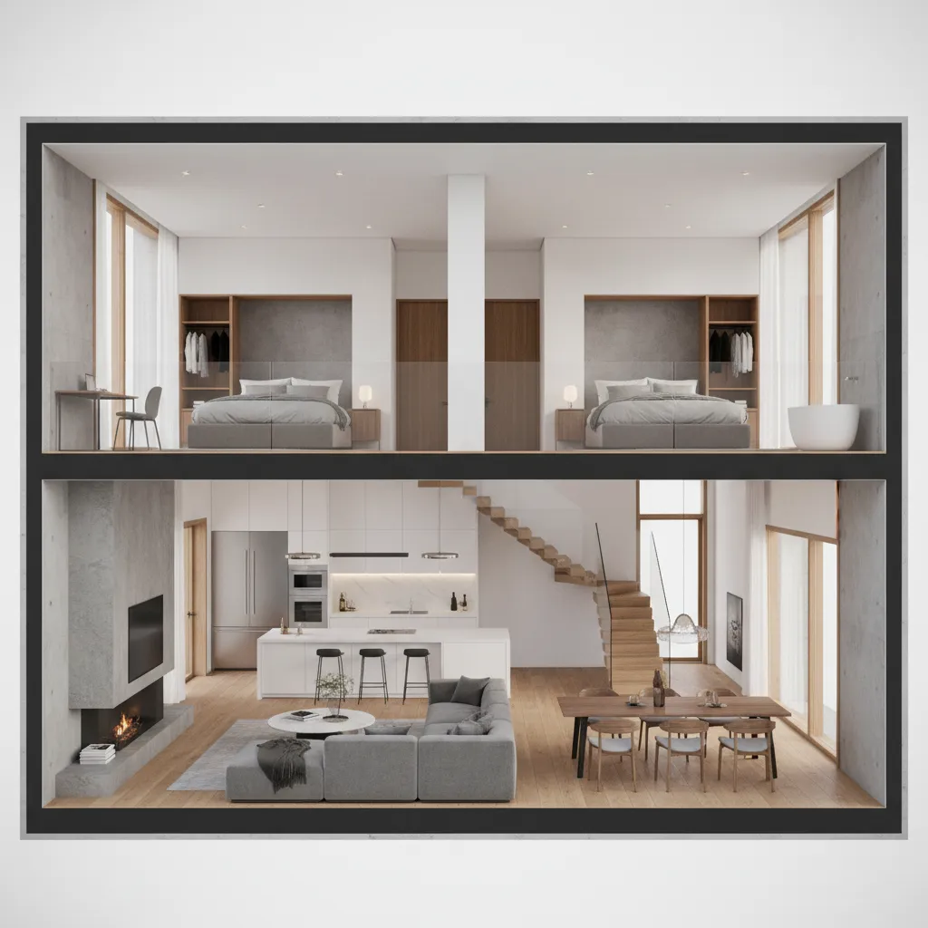 two story luxury home layout cutaway showing living areas downstairs and bedrooms upstairs