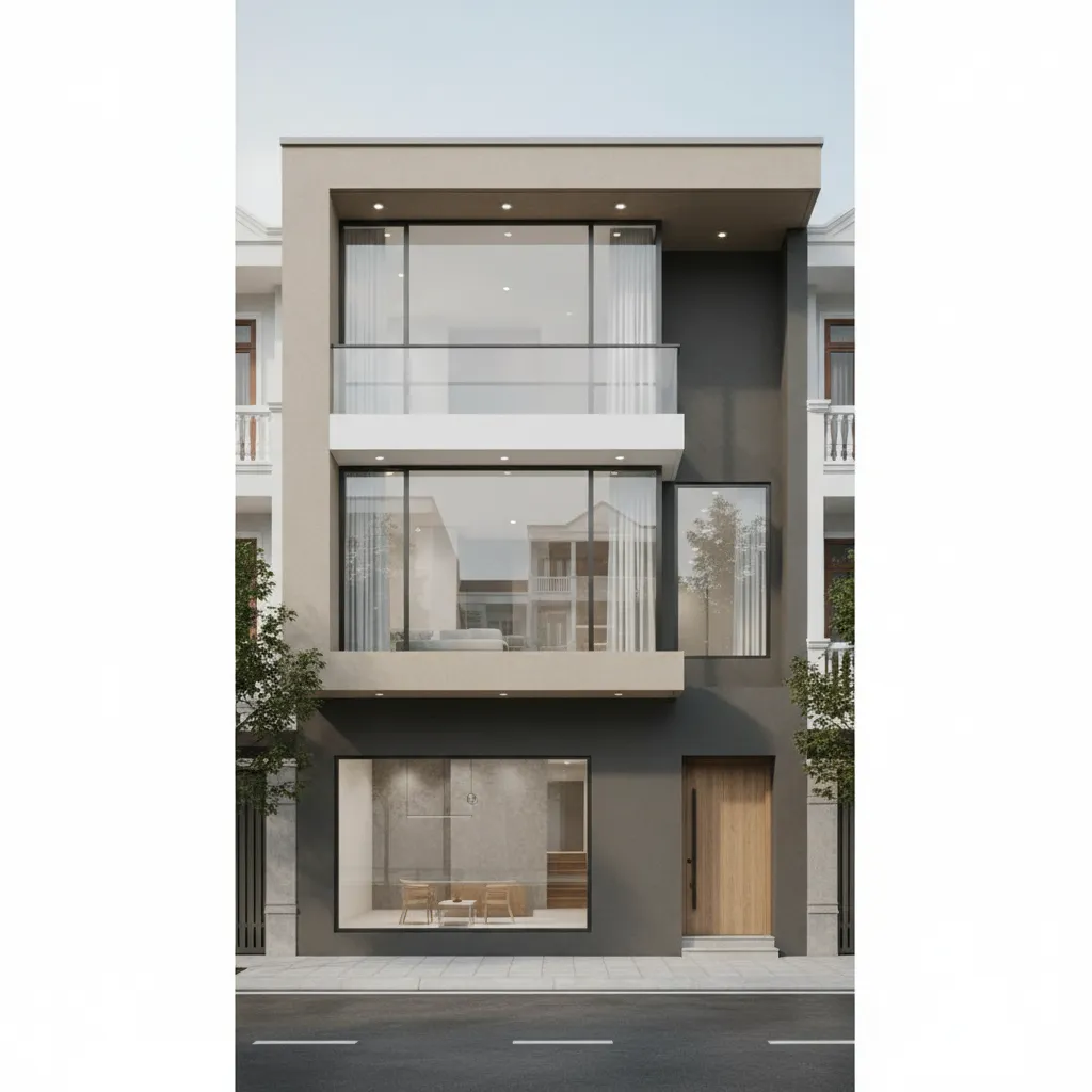 Modern three story house interior design drawing with large windows gray walls and wooden door