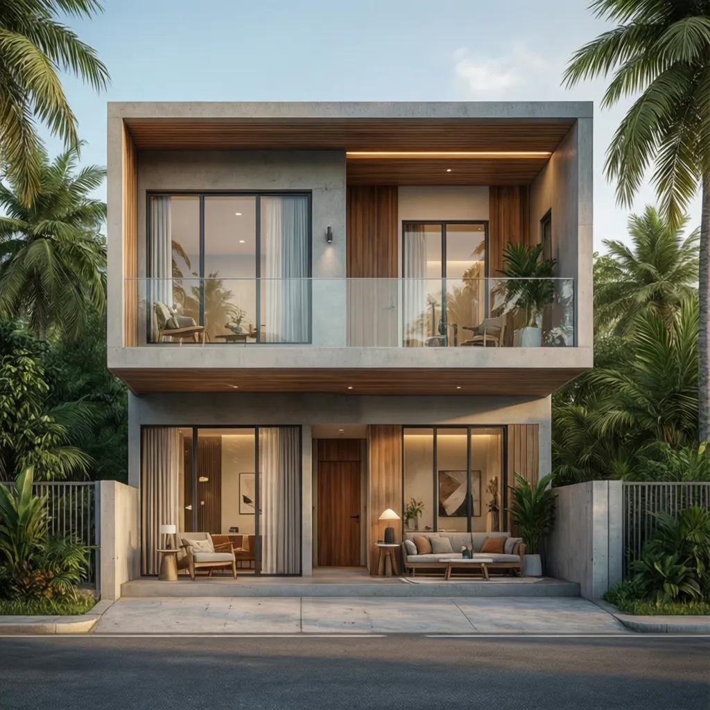 Modern two-story house with concrete walls, wood panels, glass balconies, and surrounding tropical palm trees