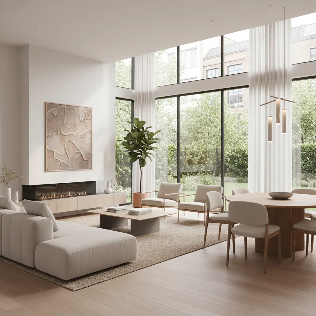 Open living and dining room with white sofa wooden table large windows and ceiling light