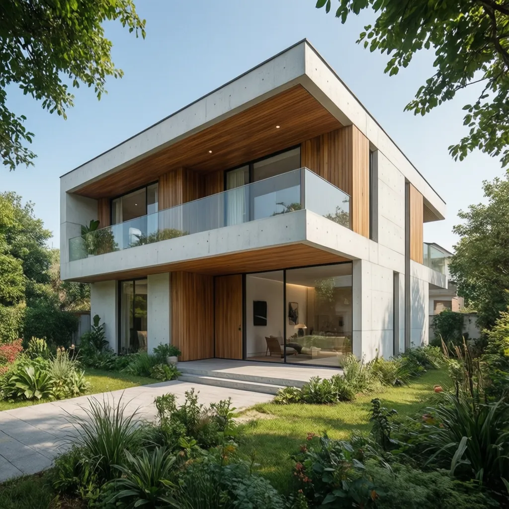 Modern house with two floors concrete walls wood panels glass balcony and green garden outside