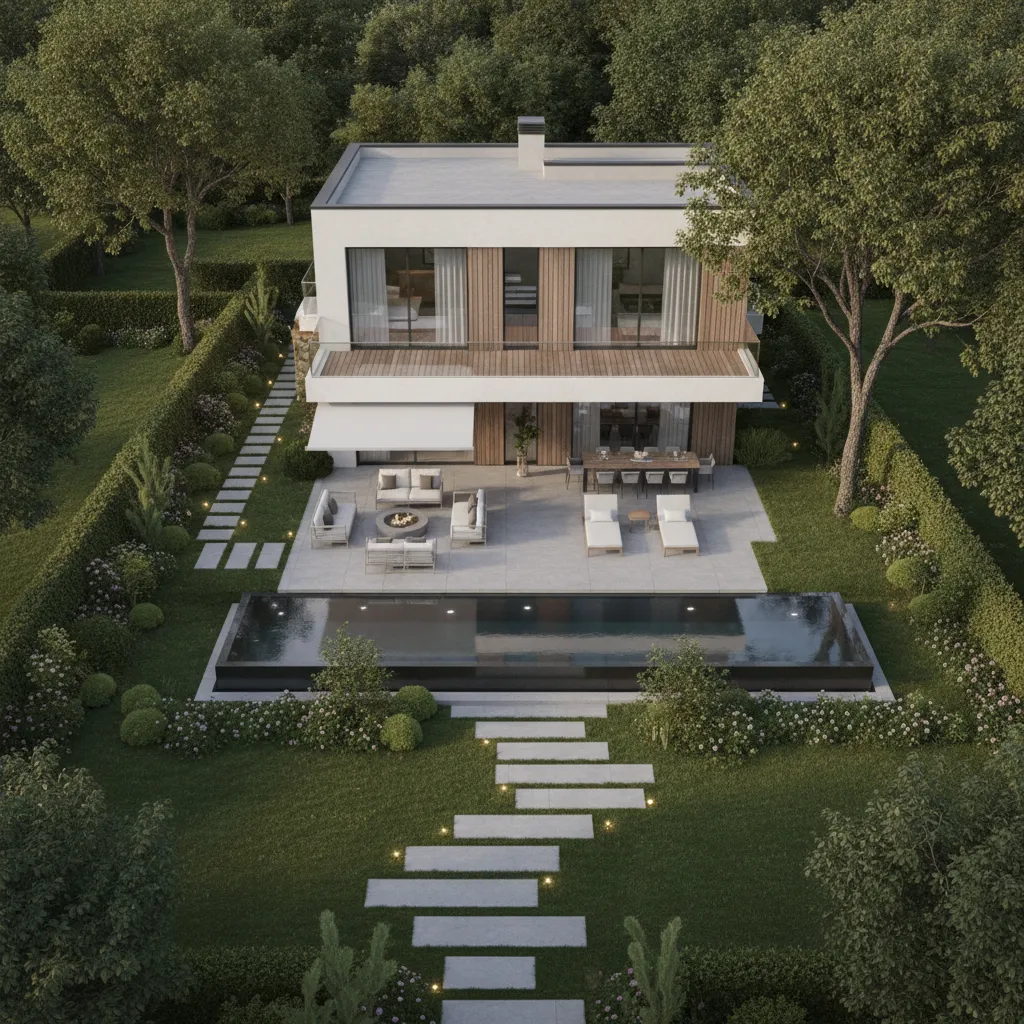Modern two story house with swimming pool patio furniture outdoor seating and green garden path layout