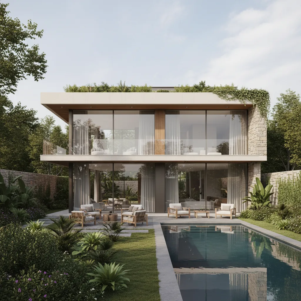 Luxury home design with blue swimming pool outdoor seating area and large modern glass windows