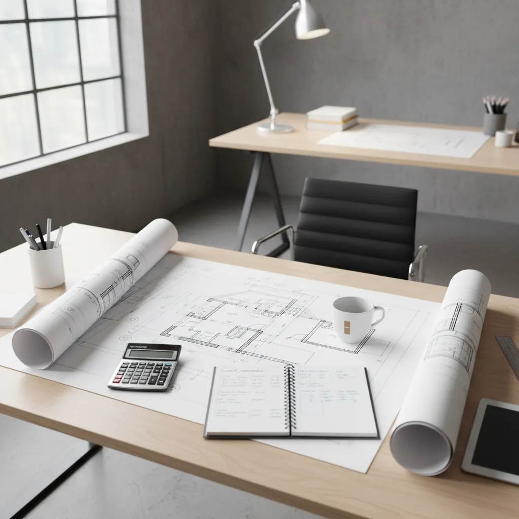 home construction budget planning with blueprints calculator and notes