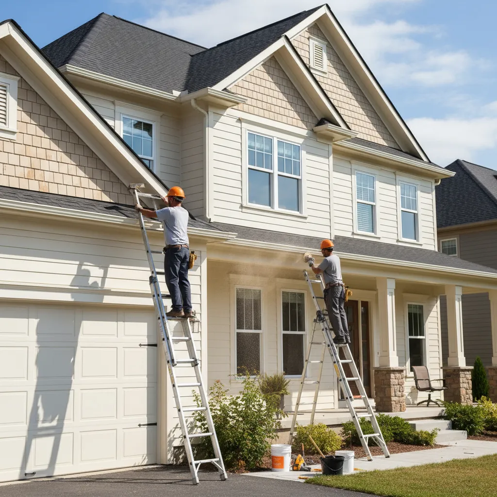 Workers preparing siding on a two story home before exterior painting
