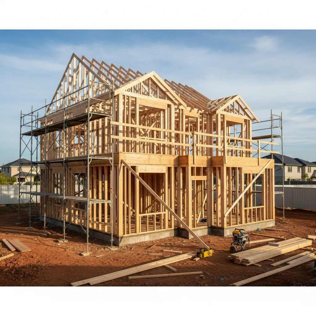 Wood framing structure of a two-story home under construction