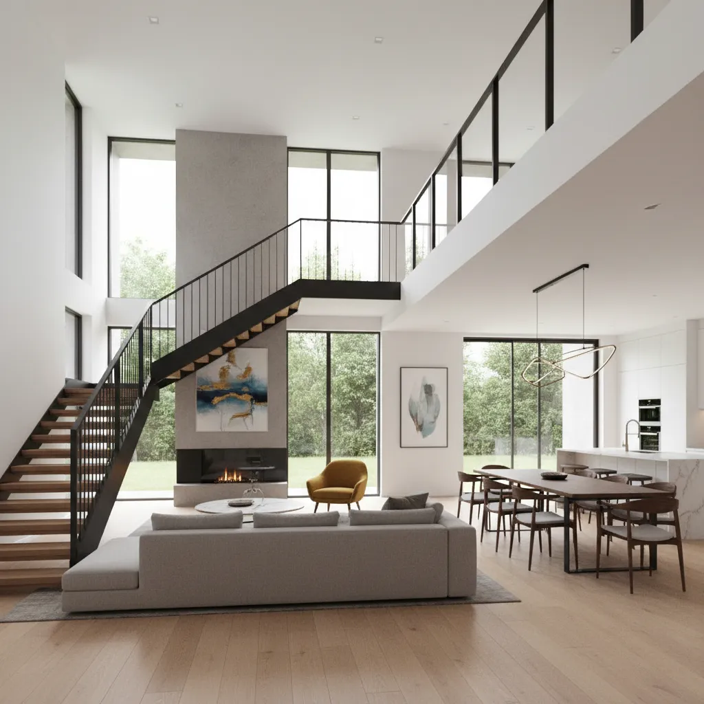 Interior of a modern two-story house with staircase connecting floors