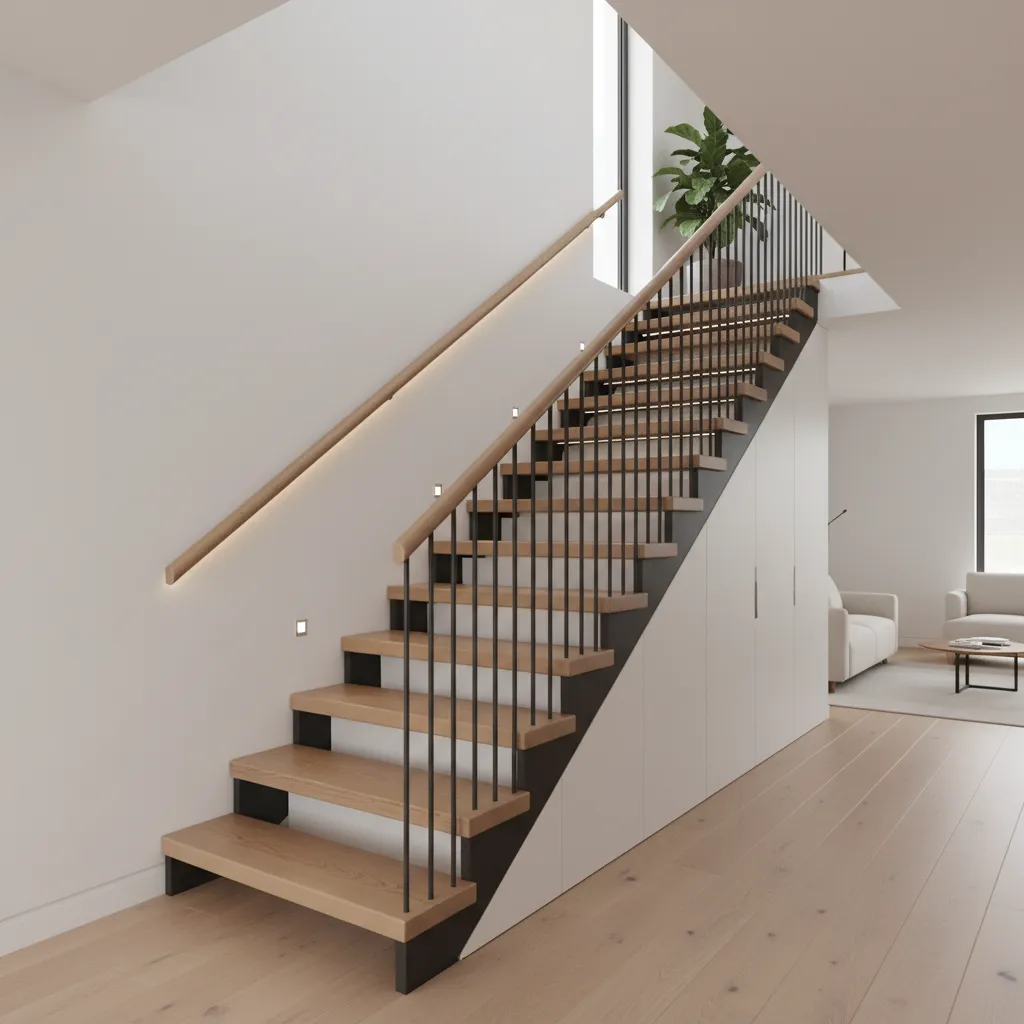 modern staircase connecting levels in two story family home