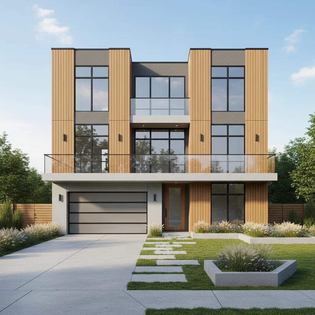 Modern suburban two story house exterior showing vertical stacked layout