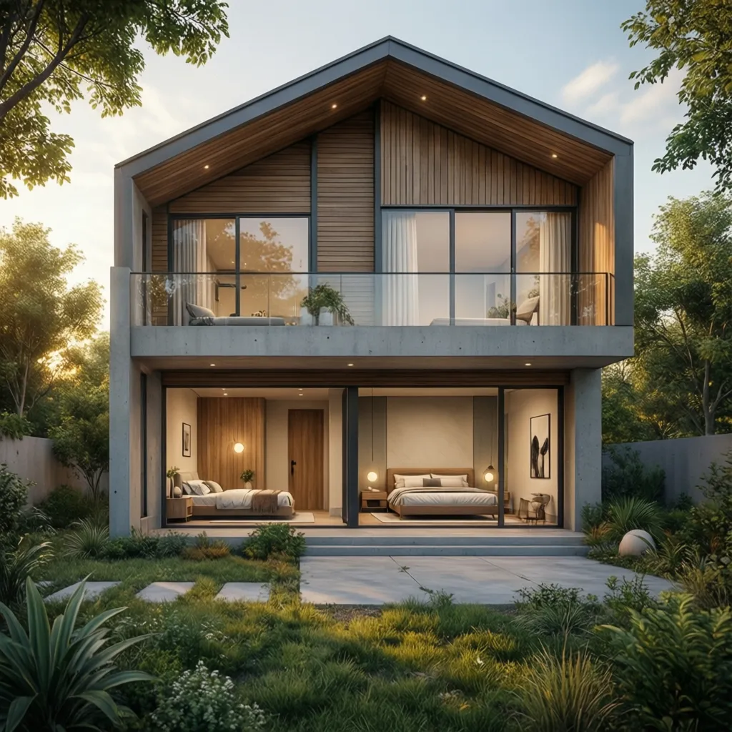 Modern two story house with wood walls glass balcony and ground floor bedrooms facing garden