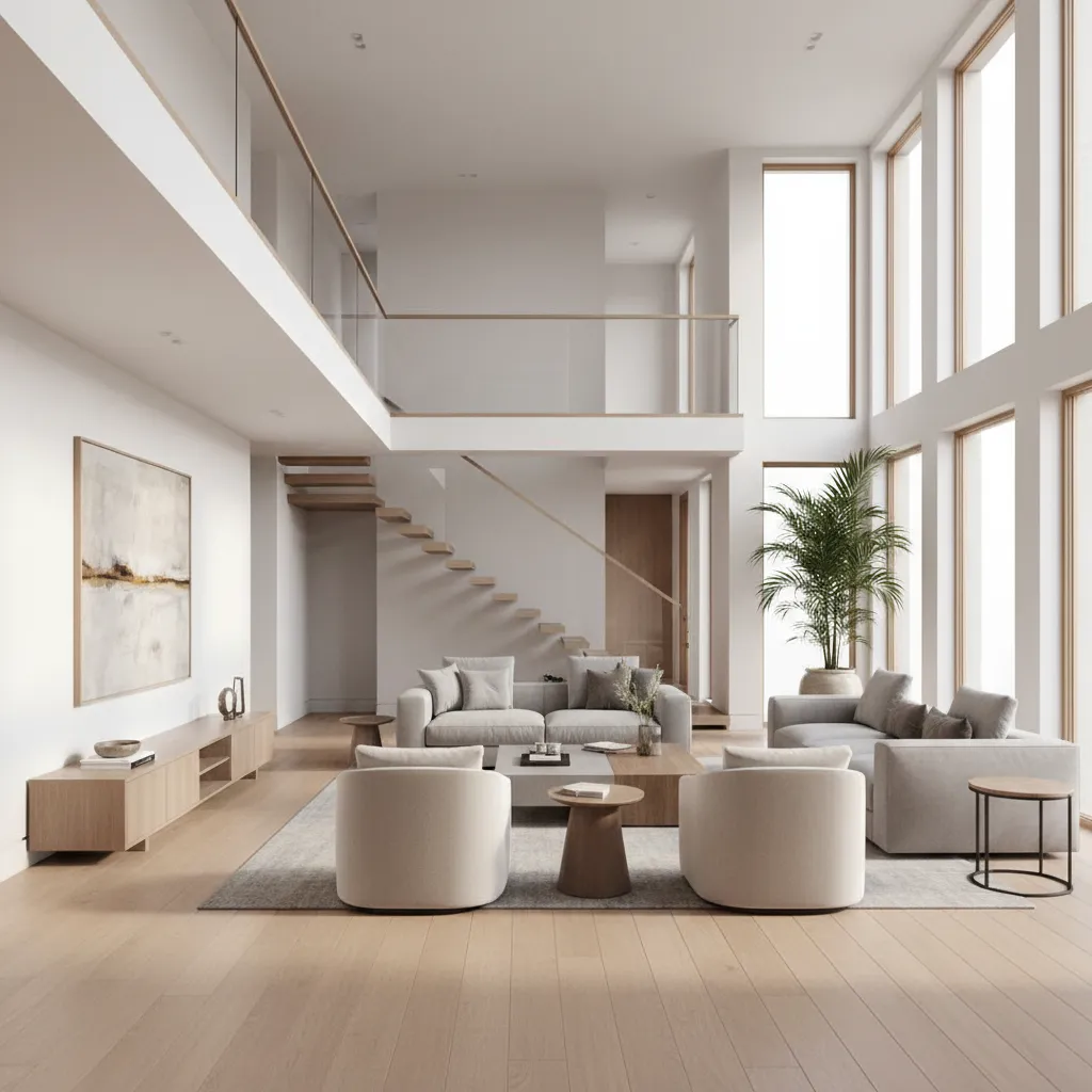 Large open plan living room with grey sofas wooden floor white walls and high windows