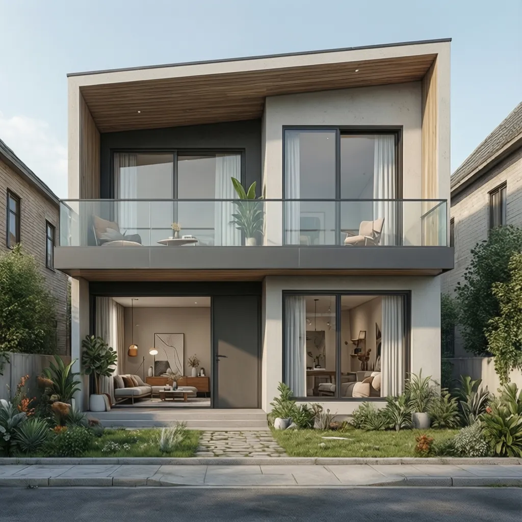 Two story modern house exterior with balcony glass railings wooden details and a small garden