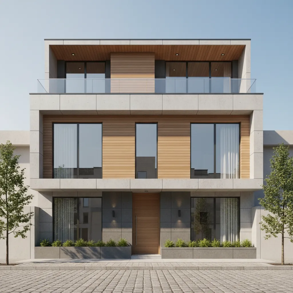 Modern three-story house exterior with grey concrete walls wooden panels large windows and glass balcony