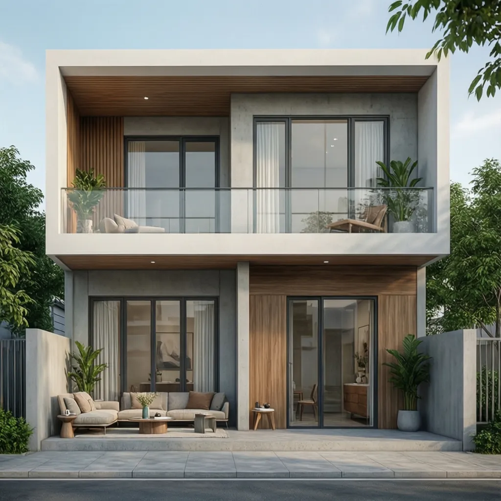 Modern two story house with white walls wood panels glass balcony ground floor patio plants