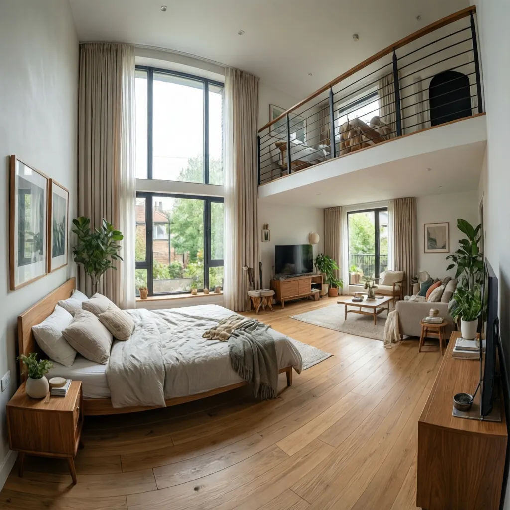 Large bedroom and living area with tall windows wooden floor and an upstairs loft level