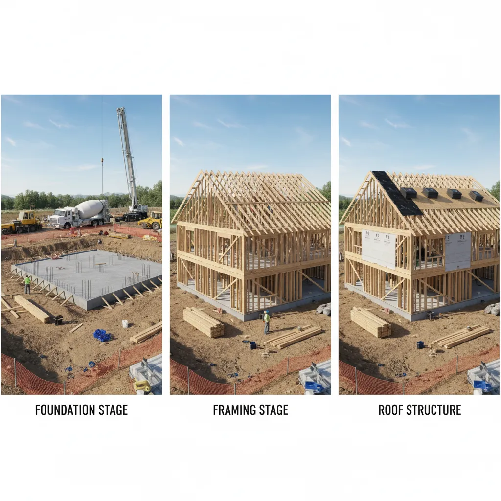 Two story home construction phases from foundation to roof