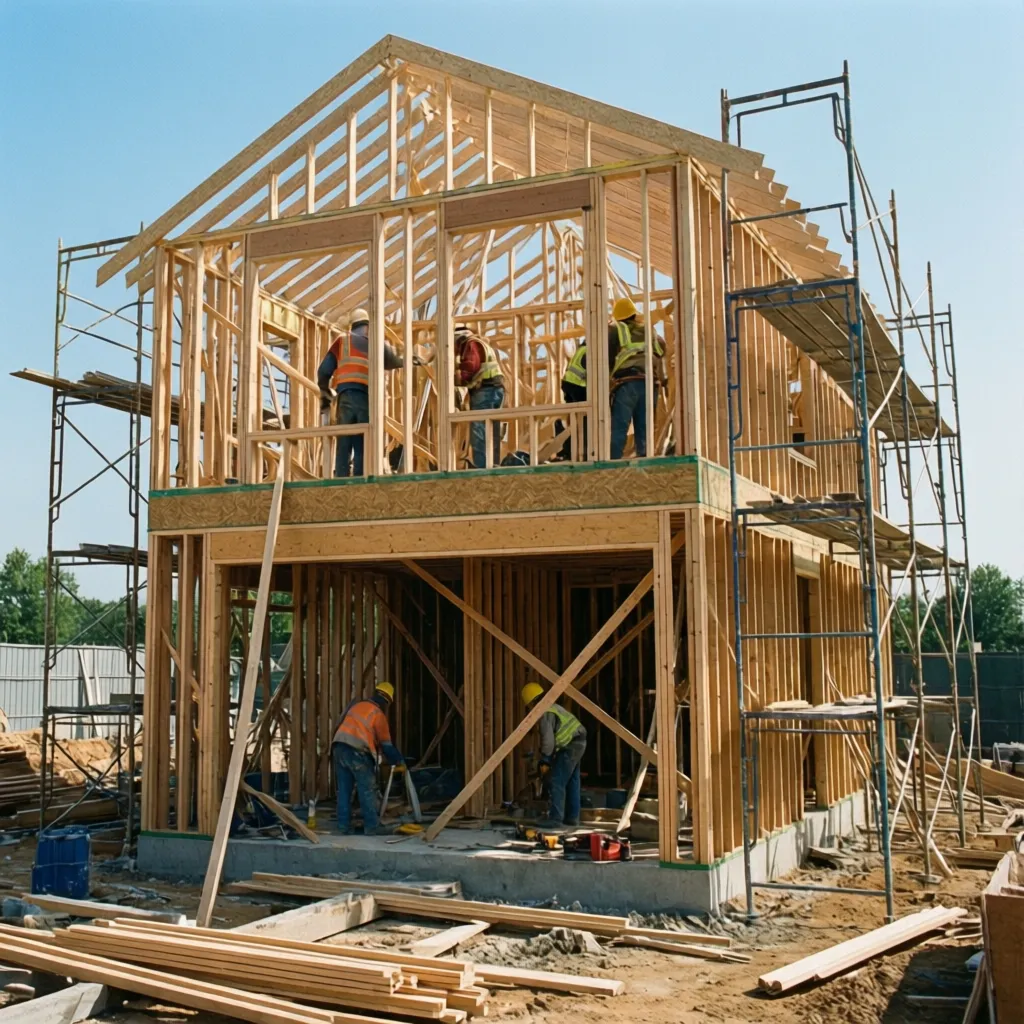 Construction crew installing upper level framing on a two-story house with scaffolding