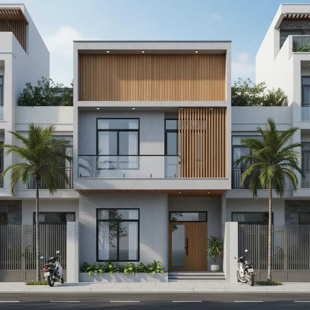 Modern house exterior with grey walls wood panels glass balcony and tall green palm trees