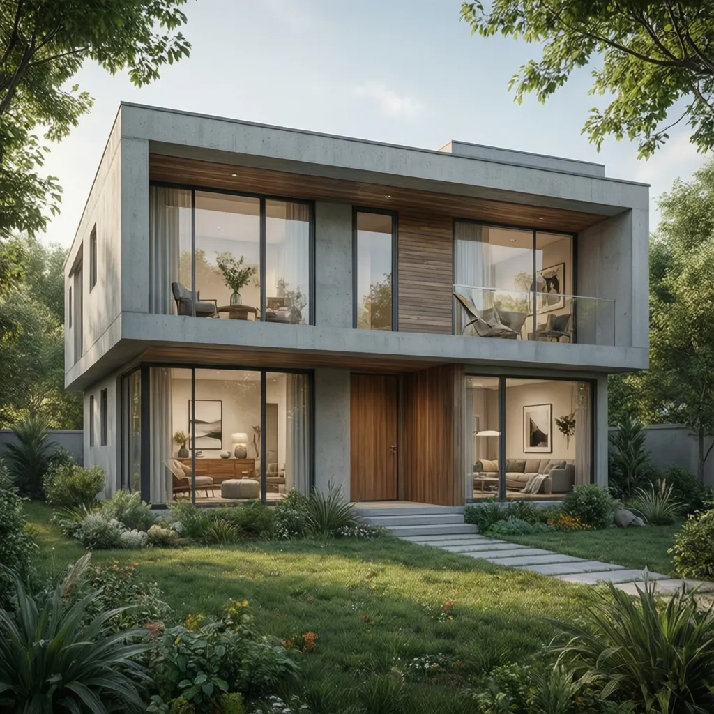 Modern house with two floors concrete walls wood panels large glass windows and green garden