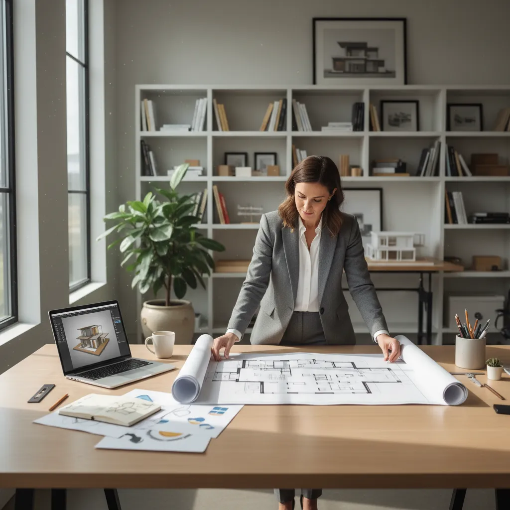 Coohom designer looking at house floor plan on desk with laptop showing interior design drawing