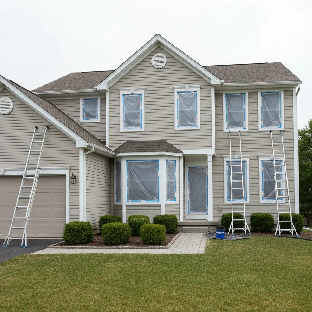 two story suburban home prepared for exterior painting with ladders and masked windows