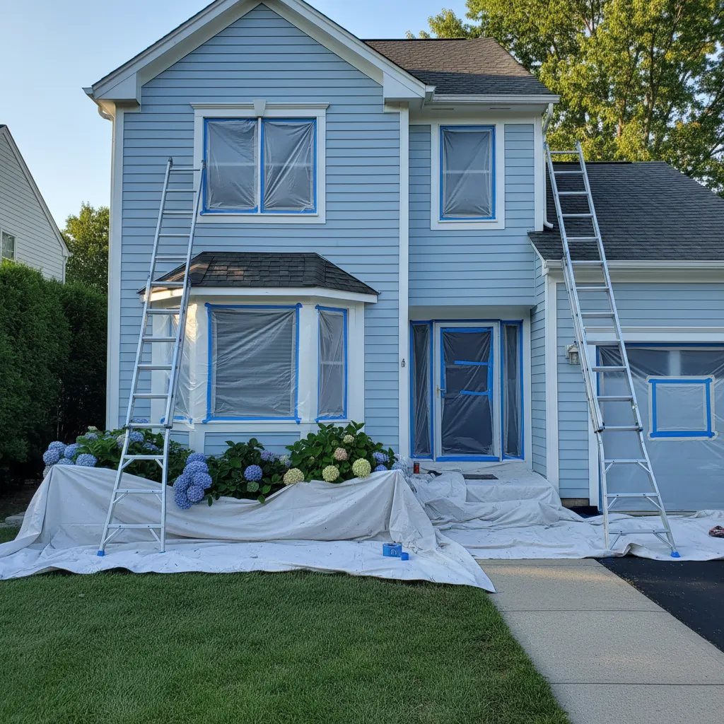 Two story house exterior being prepared for painting with ladders and masked windows