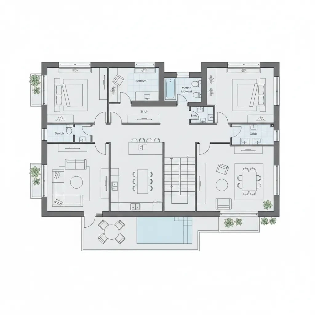 Two story house floor layout showing bedrooms living area kitchen dining space stairs and outdoor pool