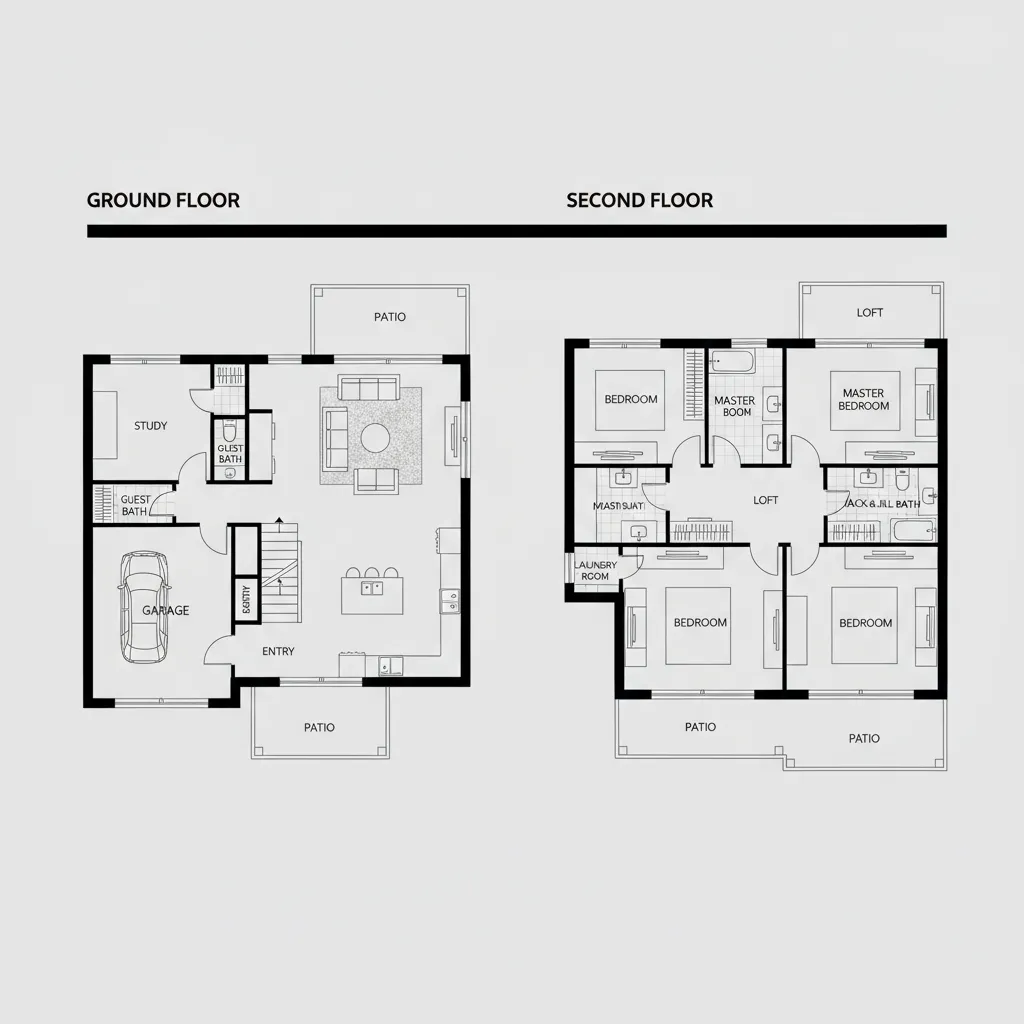 Plano de distribución de una casa moderna de dos pisos