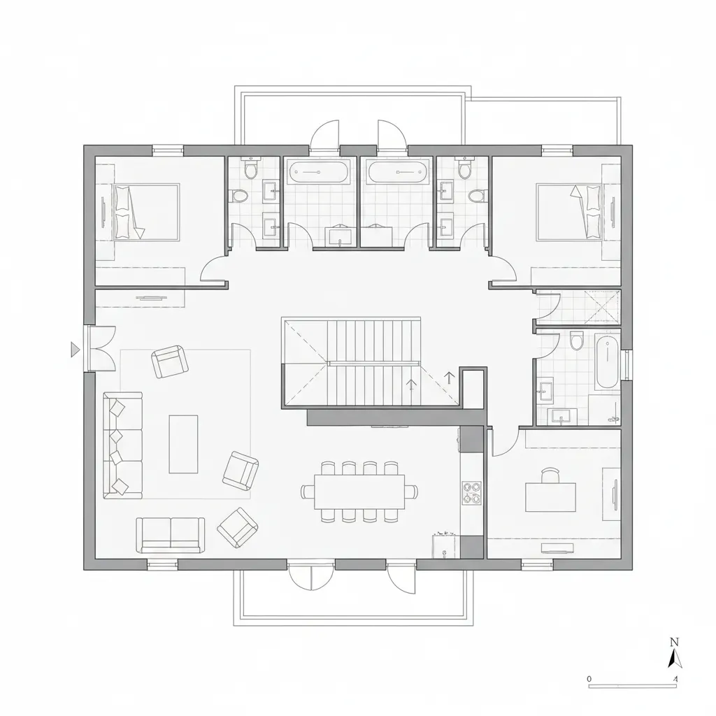 Plano de distribución de una casa moderna de dos plantas